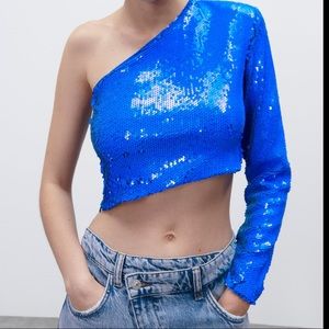 Zara blue sequin one shoulder crop top NWT